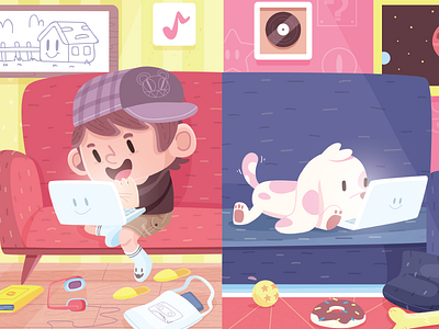 Long distance relationship animal character cute dog environment illustration