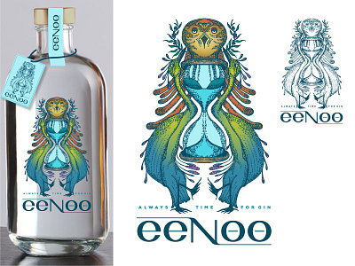 Eenoo Gin Label birds custom typography gin hourglass inuit art labels old school owl