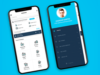 Milk App Homepage+Sidemenu app blue clean design milk milkman mobile modern sidemenu uesr interface white