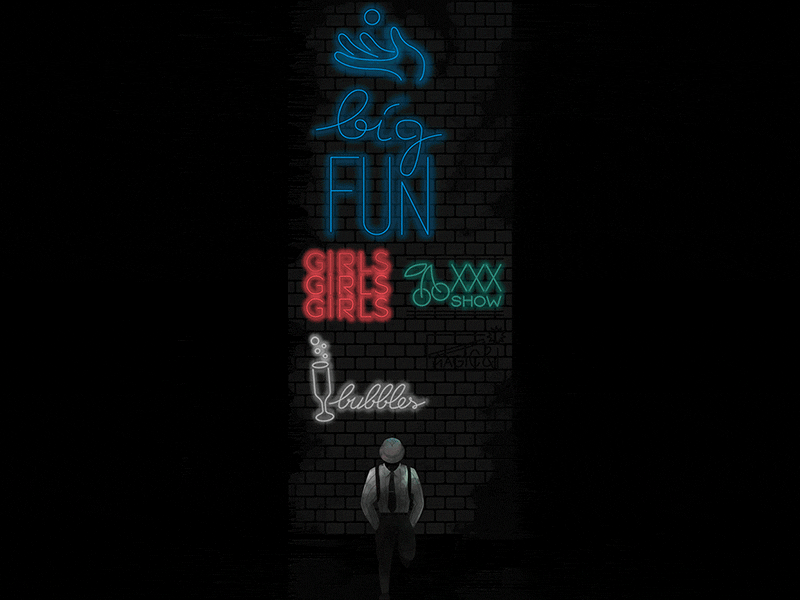 Meet you in the back alley dark gas lights neon noir shadows signs stop motion street type design