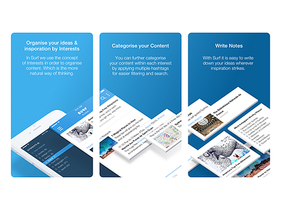 Surf's screenshots for the App Store app store apps features illustration interests links mobile notes organizational tool screenshots sketch tasks