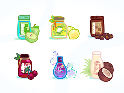 Shampoo bottles apple bottles cherry coconut coffee crystal lemon shampoo