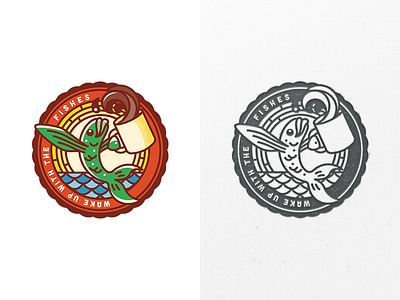 Coffee With the Fishes badge coffee emblem fish illustrator patch vacation vector