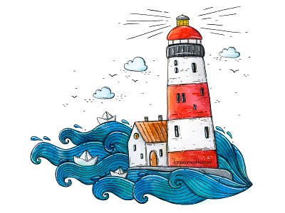 By the sea 2d art illustration lighthouse sea traditional art watercolor waves