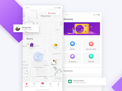AI flower recognition ai app blue flowers map mobile ui