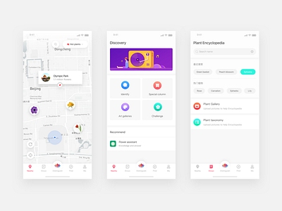 AI flower recognition ai app blue flowers map mobile ui