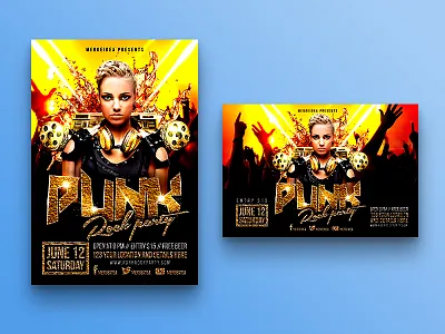 Punk Rock Party Flyer concert dance dj flyer template gold gun headphone heavy metal nightclub punk rock speaker