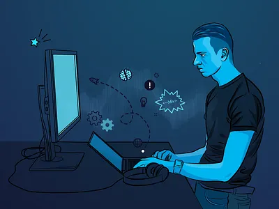 Coding hard coder computer developing illustration laptop programmer working