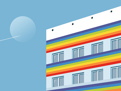 Rainbow City aircraft blue building green illustrations moon rainbow red sky white window yellow