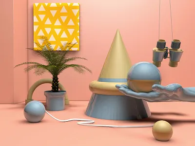 Small Scene Practice c4d hand plants steam style telescope wave