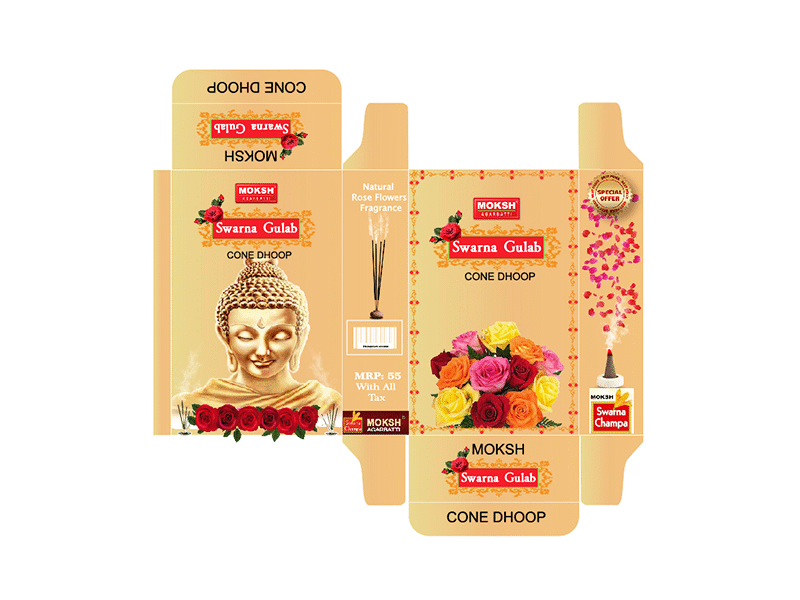 Packaging agarbatii barcode brand branding buddha cone dhoop fragrance incense sticks label design moksh swarna gulab mrp package design packaging perfume red roses special offer vintage