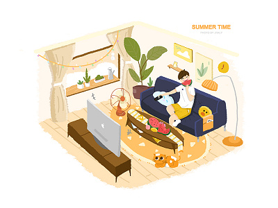 SUMMER TIME cat fan hand painted illustration summer tv wacom watch watermelon