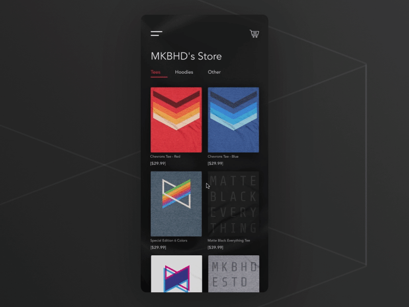 The MKBHD Store - Concept UI Interaction animation concept dark interaction invision invisionstudio iphone iphonex merch motion shop tab tabs ui ux