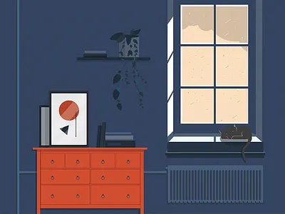 Rain architecture building cat design evening graphic illustration interior rain vector