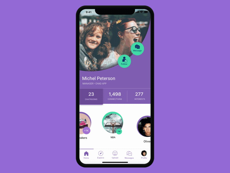 Chad App animation app mobile news feed profile social network token ui ux