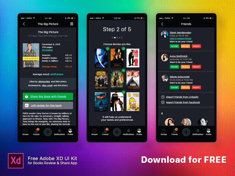 Free UI kit. Book sharing & review. adobe adobexd app application design download free mobile ui uikit ux