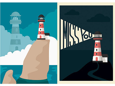 Light House adventure day flat illustratin light house nature night postcards