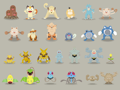 Pokemon Designs 51-75 abra bellsprout geodude growlithe machop mankey meowth pokemon poliwag psyduck tentacool