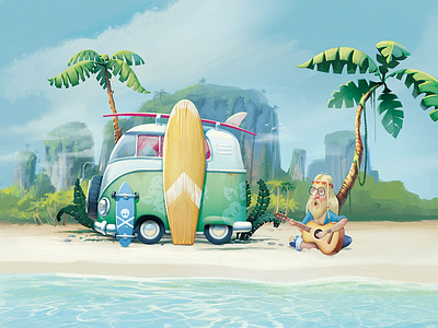 Beach beach camper character characterdesign chill guitar illustration sea t1 van