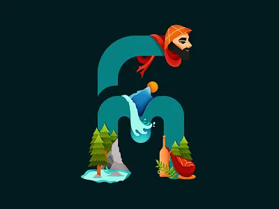 R for Racha drop cap ethnic gastronomy georgia georgian script illustration landscape letters r racha script travel