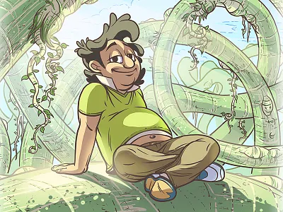 Storybook Illustration Detail - Bartley #6 beanstalk bright sky cartoon drawing fairy tale illustration relaxing sitting storybook sunlight sunny vines