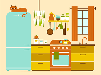 Kitchen cat cooking illustration kitchen kitchy mid century modern plants retro