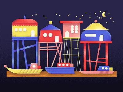 Houses of Tonlé Sap river architecture cambodia colors drawing house illustration river vector