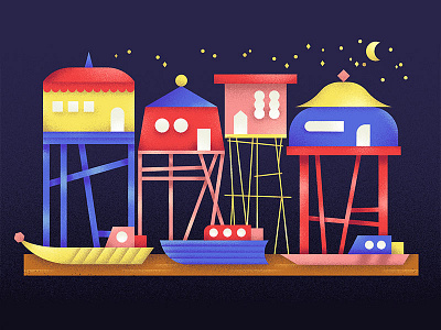 Houses of Tonlé Sap river architecture cambodia colors drawing house illustration river vector