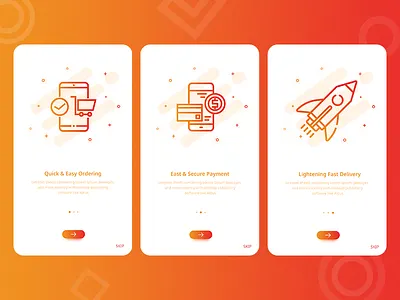 Walkthroughs UI App app delivery fast e commerce gradient on boardings order payment presentation red secure shapes walkthrough