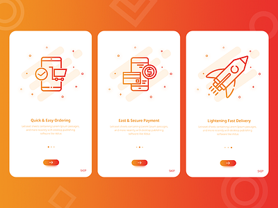 Walkthroughs UI App app delivery fast e commerce gradient on boardings order payment presentation red secure shapes walkthrough