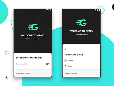 Grazy Login and Signup screen car pooling commute dark ui location login screen logo map mobile app product design sign up screen ui ux