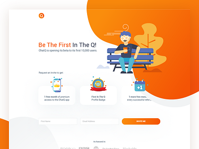 Landing page design for Chat Q app character chatapp gradient landing landingpage orange ui websitedesign