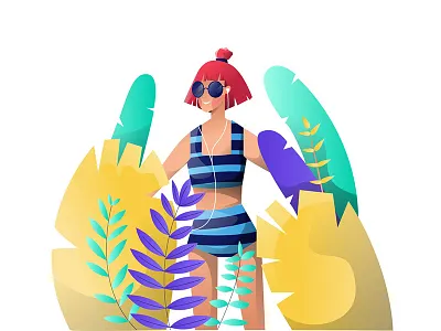 Summertime character design girl hot illustration plants relax sea summer sun
