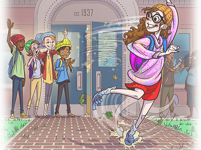 Storybook Illustration Detail - Felicia #9 cintiq clique dancing friends friendship goodbye graduation photoshop running squad wacom waving