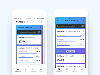 Addition of new answers in a Trackboard ai analytics app charts design enterprise ios iphone mobile report toast ui