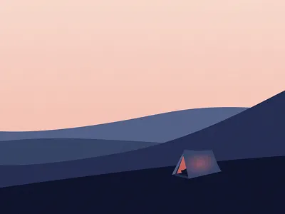 Camping art blue camp colors hills light pink sunset tent