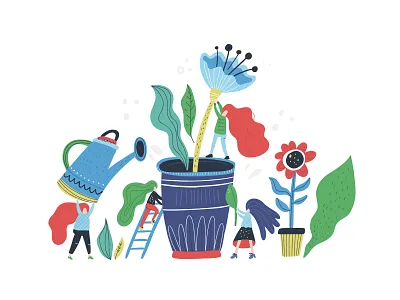 Garden Teamwork digital flower garden hand drawn illustration people person small texture woman