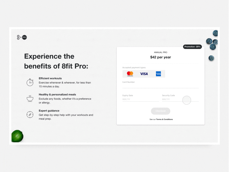8fit CRM Landing Page 8fit animation confirmation fitness payment page prototype ui web