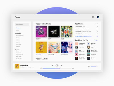 Fusion Player Web UI clean dashboard gradient grid layout minimal music music player ui ux web website