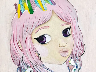 Pink Crown Girl art birch contemporary illustration gouache pastel woman wood