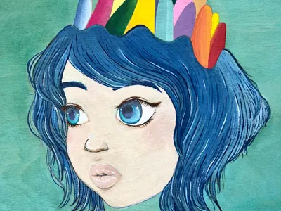 Green Blue Crown Girl art birch contemporary illustration gouache pastel woman wood