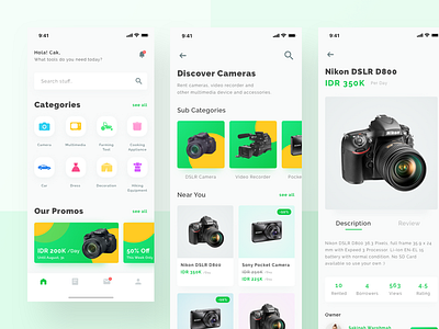 Tools & Equipments Rental App camera e commerce green iphonex marketplace minimalism mobile interface product rental sales ui ux