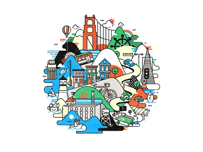 San Francisco t-shirt design bike branding bridge design drawing illustration illustrator sea t shirt tram type vector