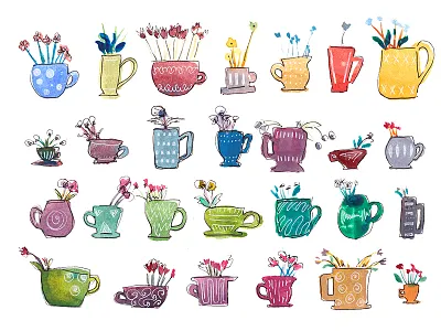 Mugs and Flowers - Watercolour Illustration coffee colorful colors creative cups floral flowers illustration mugs tea watercolor