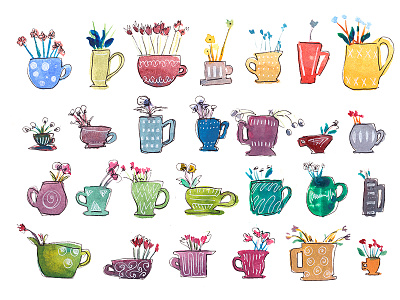 Mugs and Flowers - Watercolour Illustration coffee colorful colors creative cups floral flowers illustration mugs tea watercolor