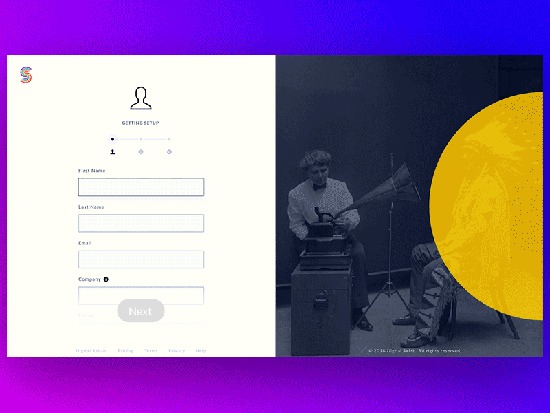 Onboarding app blue form onboard pink slide web yellow