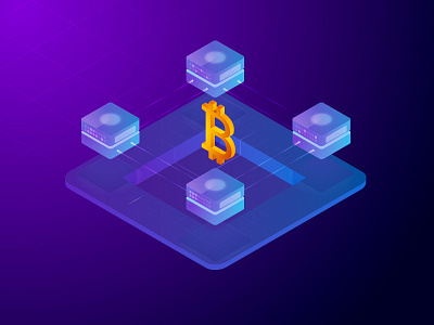 Blockchain bitcoin 2.5d blue color glow gradient icon illustration illustrator isometric laptop vector workspace