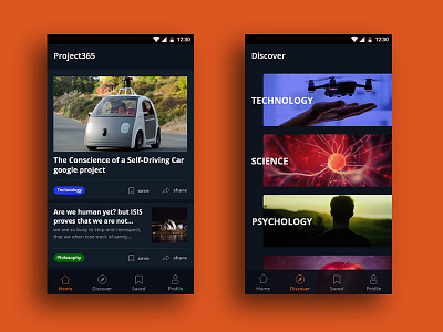 Project365 android article bottom navigation dark theme mobile app reading ui design ux design