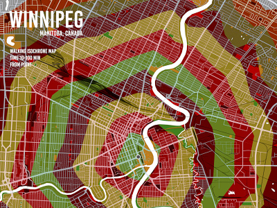 Winnipeg Isochrone Map canada flat gis isochrone map mapping poster qgis vector walk