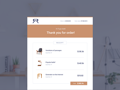 Email receipt chair email furniture order total ui ux web